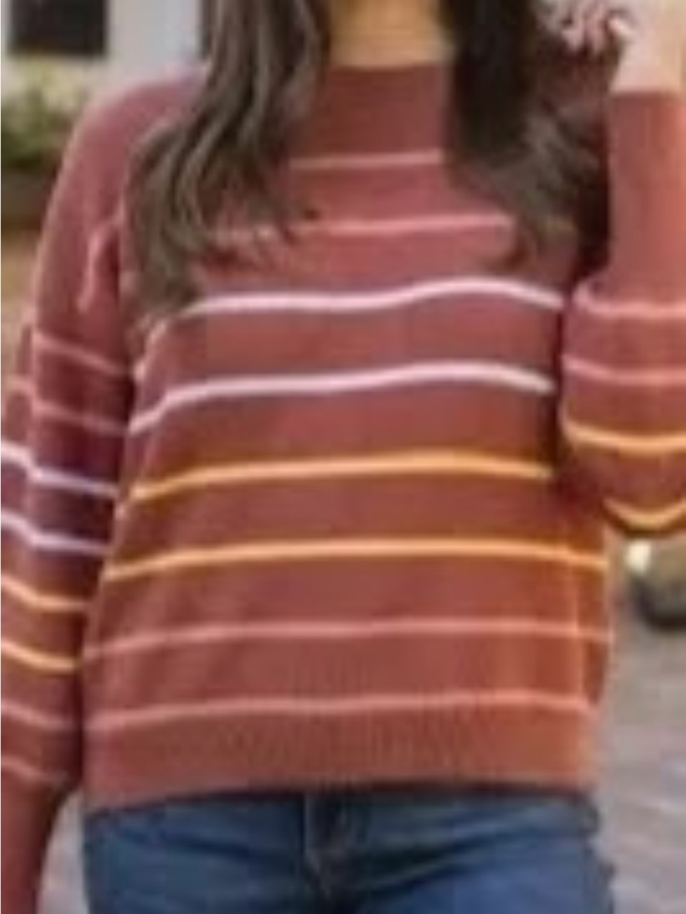 SO Women's Rust Striped Crewneck Sweater with Cream and Mustard Accents